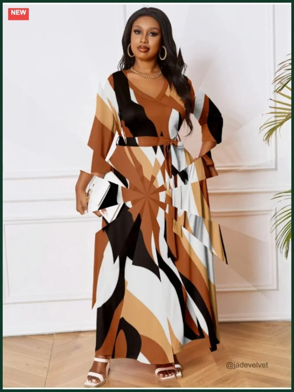 Women's Plus Size Maxi Dress V-Neck 3/4 Sleeve Floral Flowy with Pockets & Belt